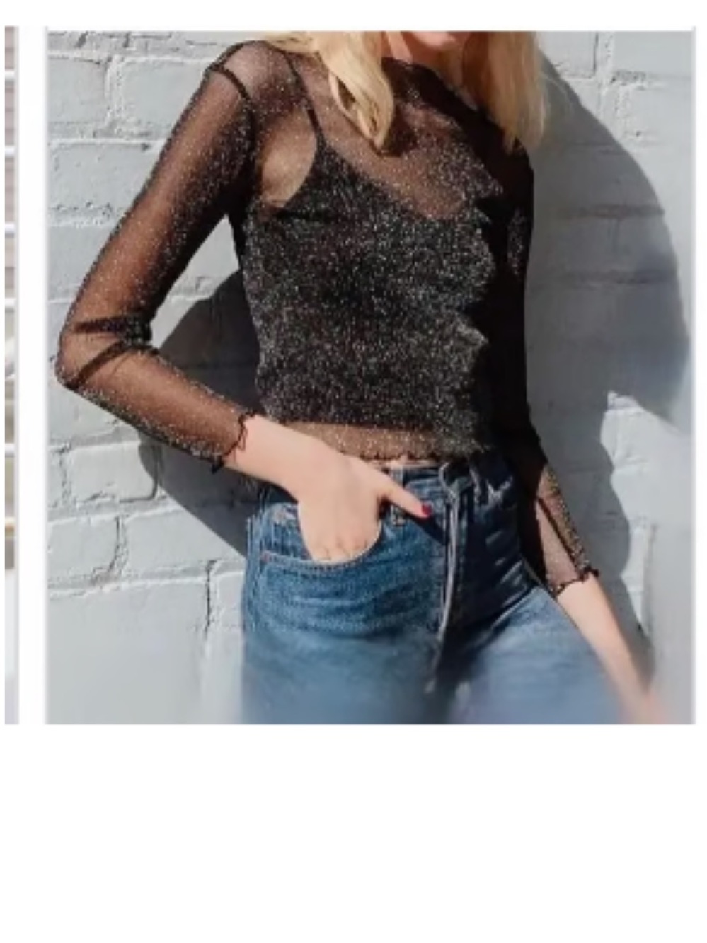 Brandy Melville Rene glitter black mesh long sleeve top - one size sheer sparkle
